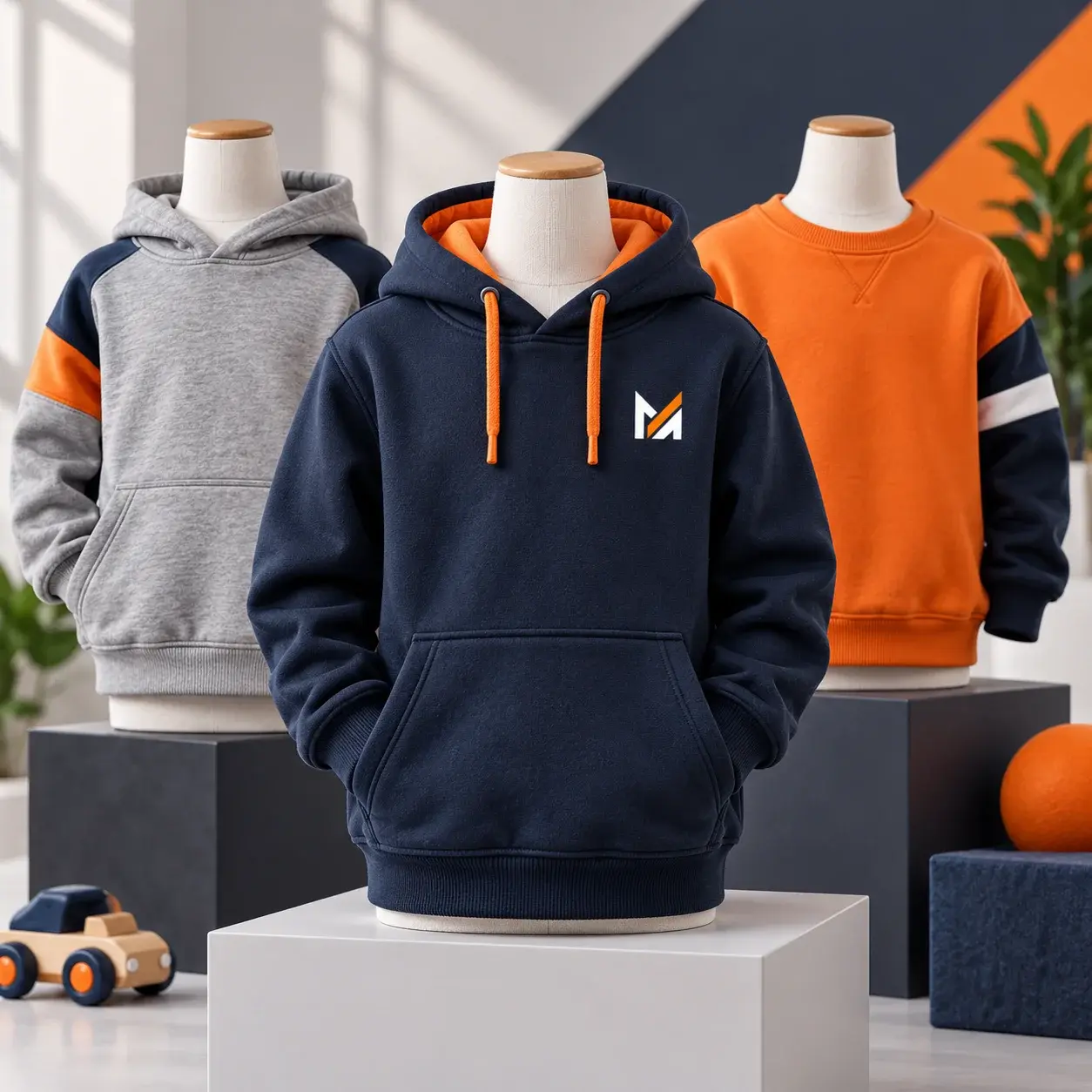 Kids hoodies and sweatshirts displayed on mannequins in navy blue, gray, and orange, featuring sporty color-block designs and a visible Mega Apparel logo.